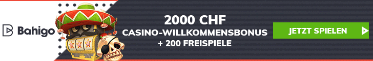 Banner mit Bahigo Logo und 2000 CHF Casino Willkommensbonus und 200 Freispiele